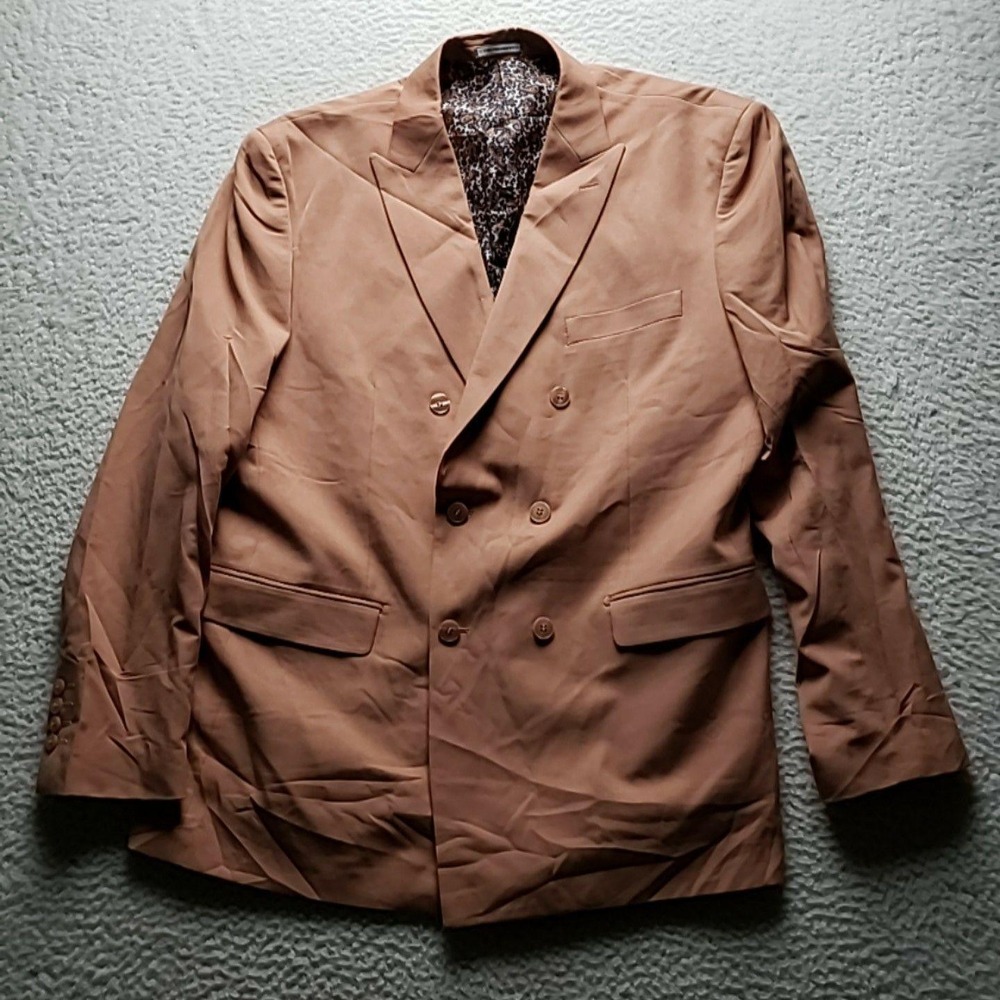 Vinci Philosophy Suit Jacket Mens 48 Beige Double Breasted Stretch Peak Lapel